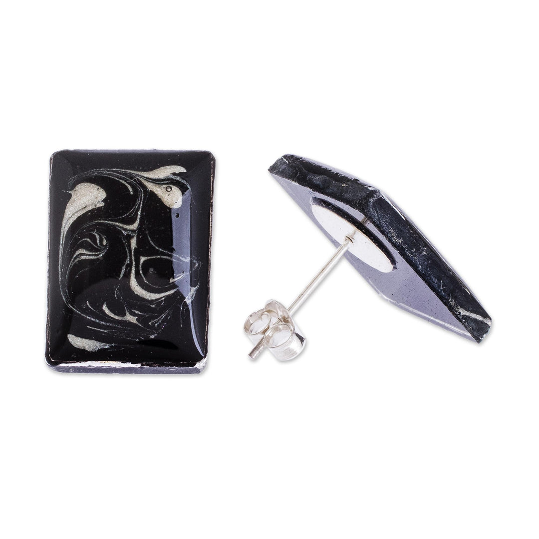 Central American Sterling Silver and Resin Button Earrings - Abstracto