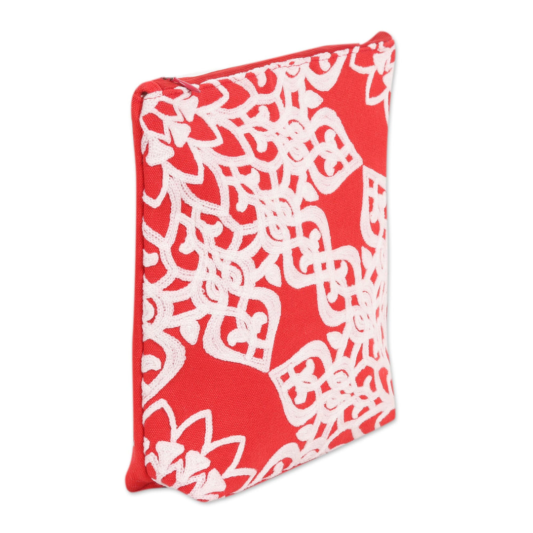 Red Embroidered Cotton Cosmetic Bag from India - Candy Apple