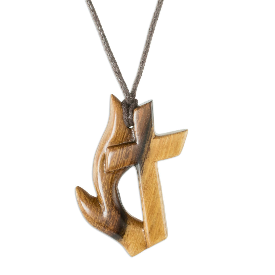 Unisex Wood Cross Pendant Necklace - Fiery Faith
