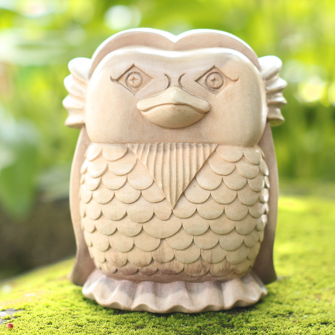 Hand Carved Hibiscus Wood Owl Statuette - Little Friend