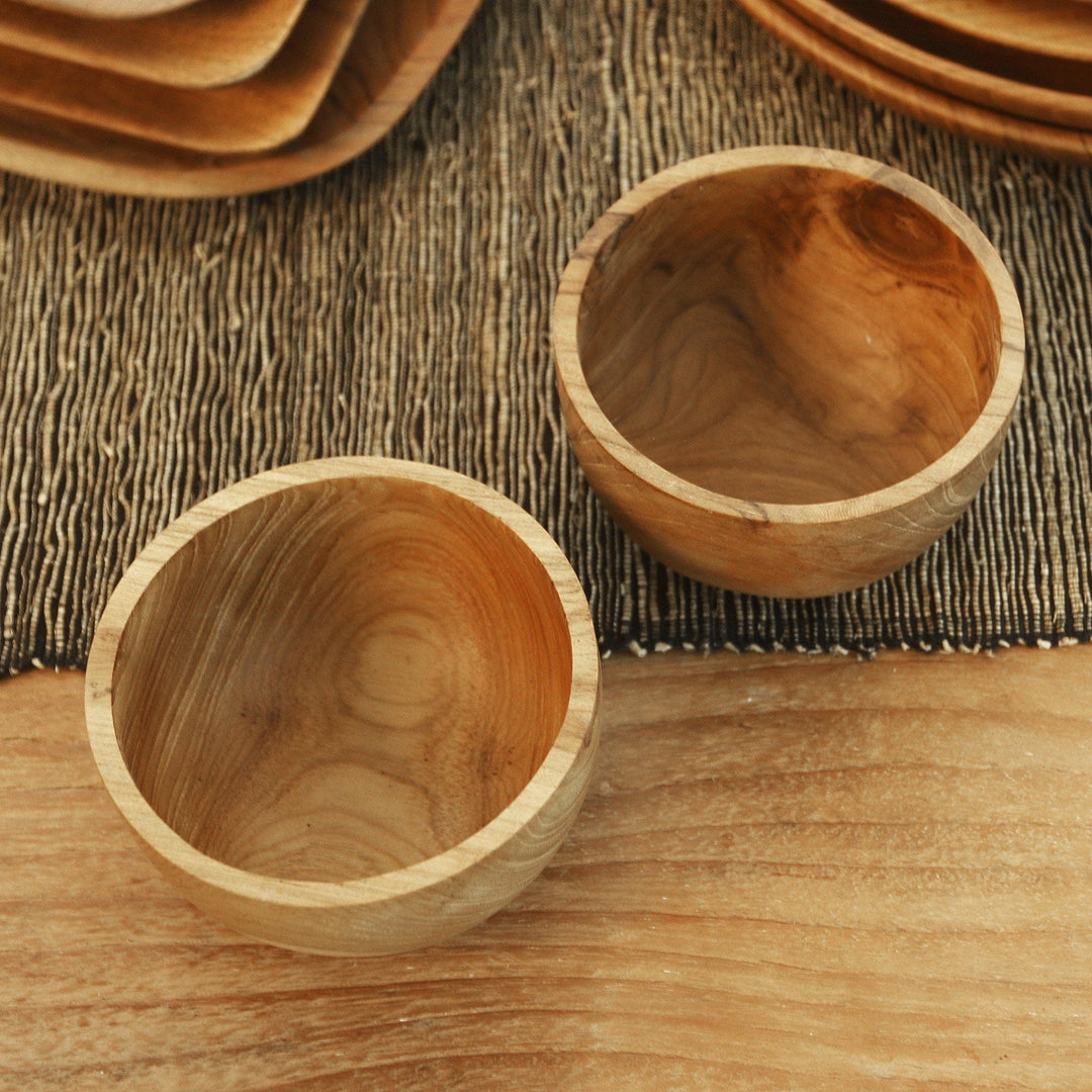 Hand Carved Teak Wood Dinner Bowls from Bali (Pair) - Dinner for Two