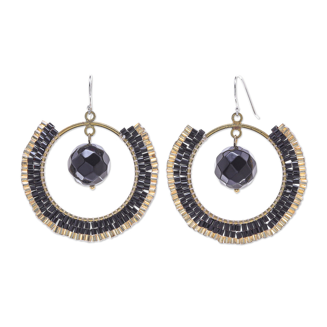 Handcrafted Glass Beaded Circle Earrings - Universal Sun in Black