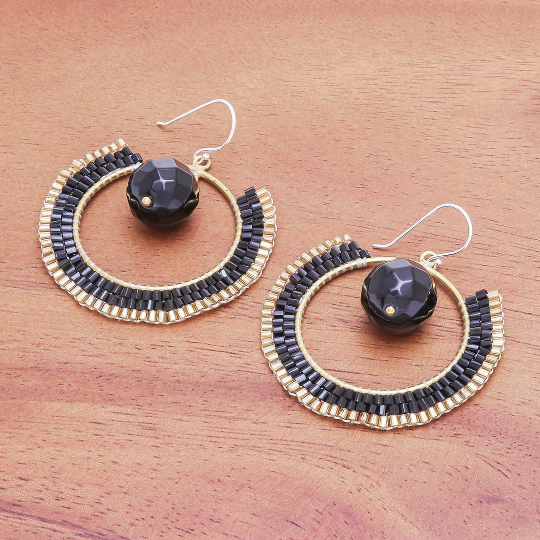Handcrafted Glass Beaded Circle Earrings - Universal Sun in Black