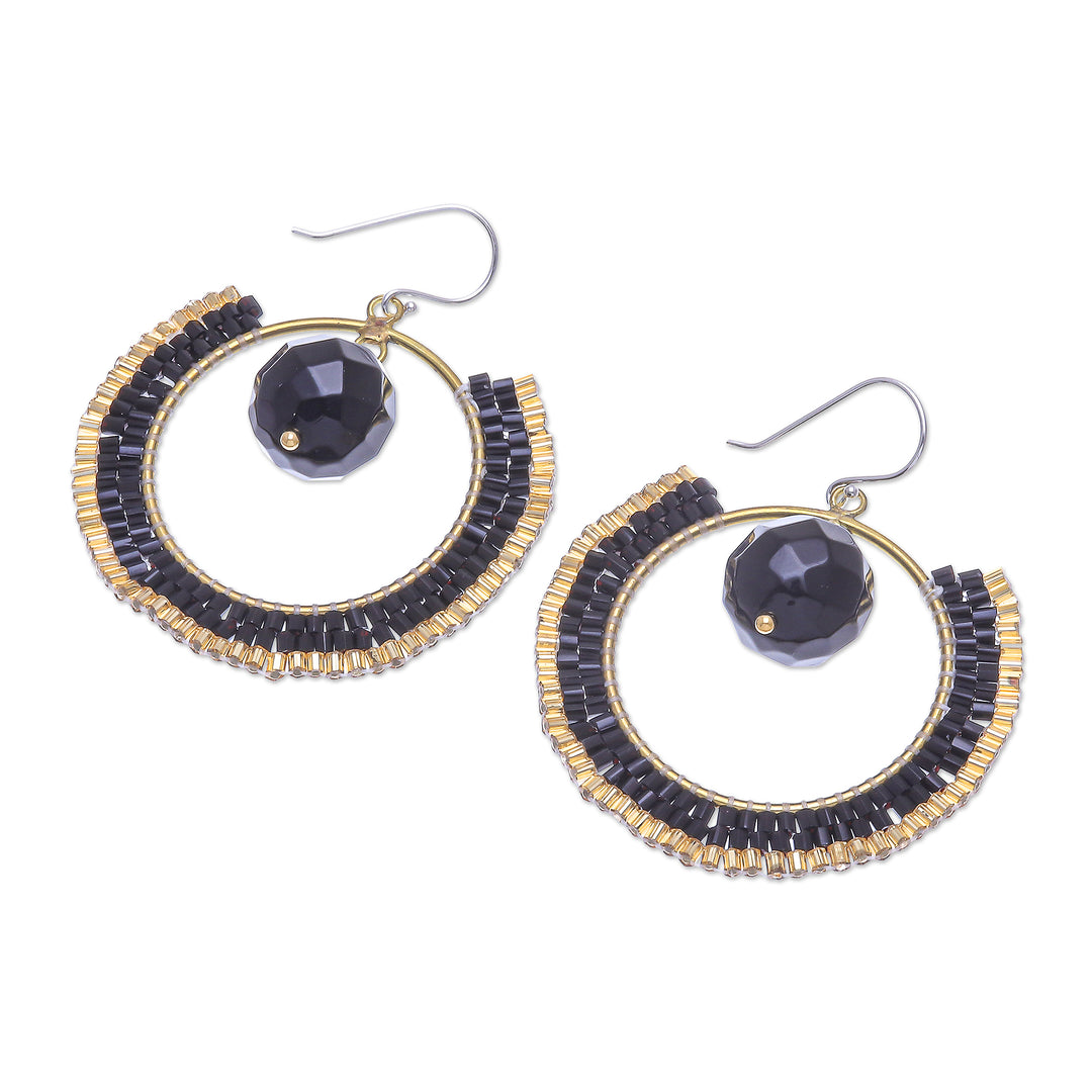 Handcrafted Glass Beaded Circle Earrings - Universal Sun in Black