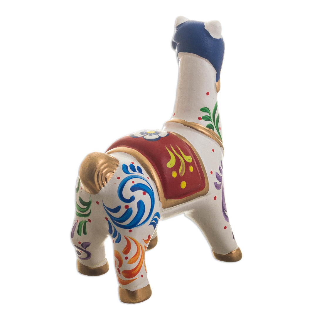 Multicolored Llama Ceramic Figurine - Chullo Llama in White