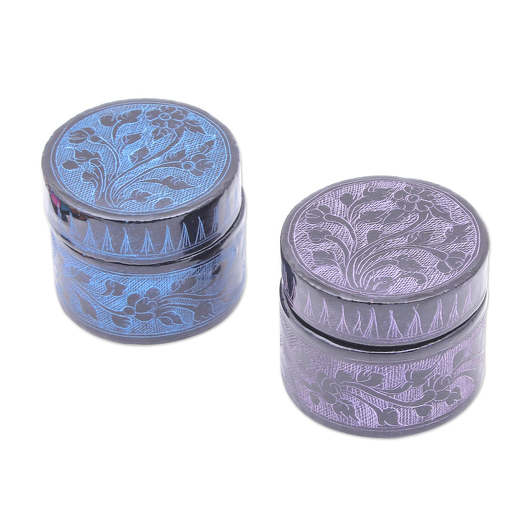 Handmade Decorative Floral Wood Boxes from Thailand (Pair) - Frosty Flora