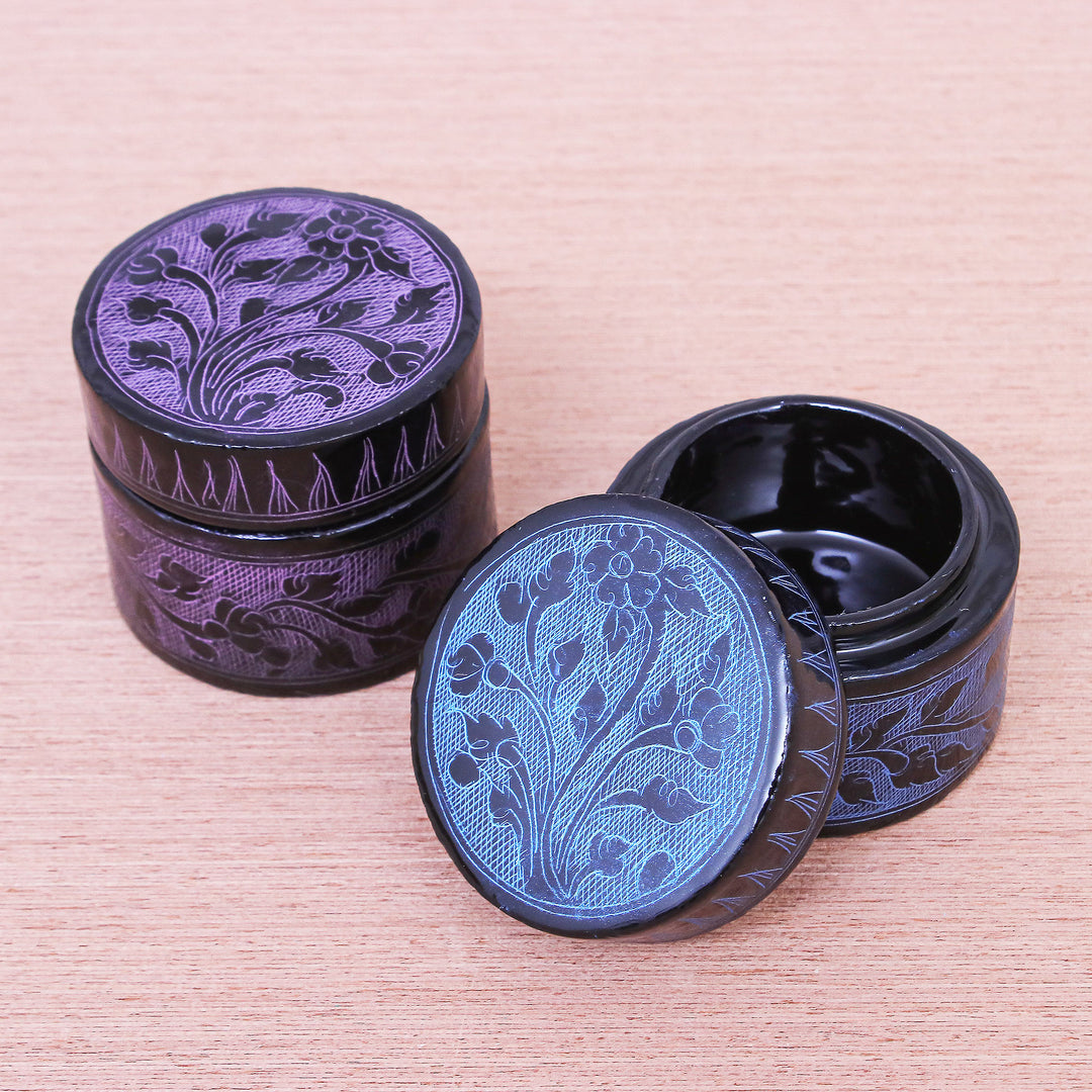 Handmade Decorative Floral Wood Boxes from Thailand (Pair) - Frosty Flora