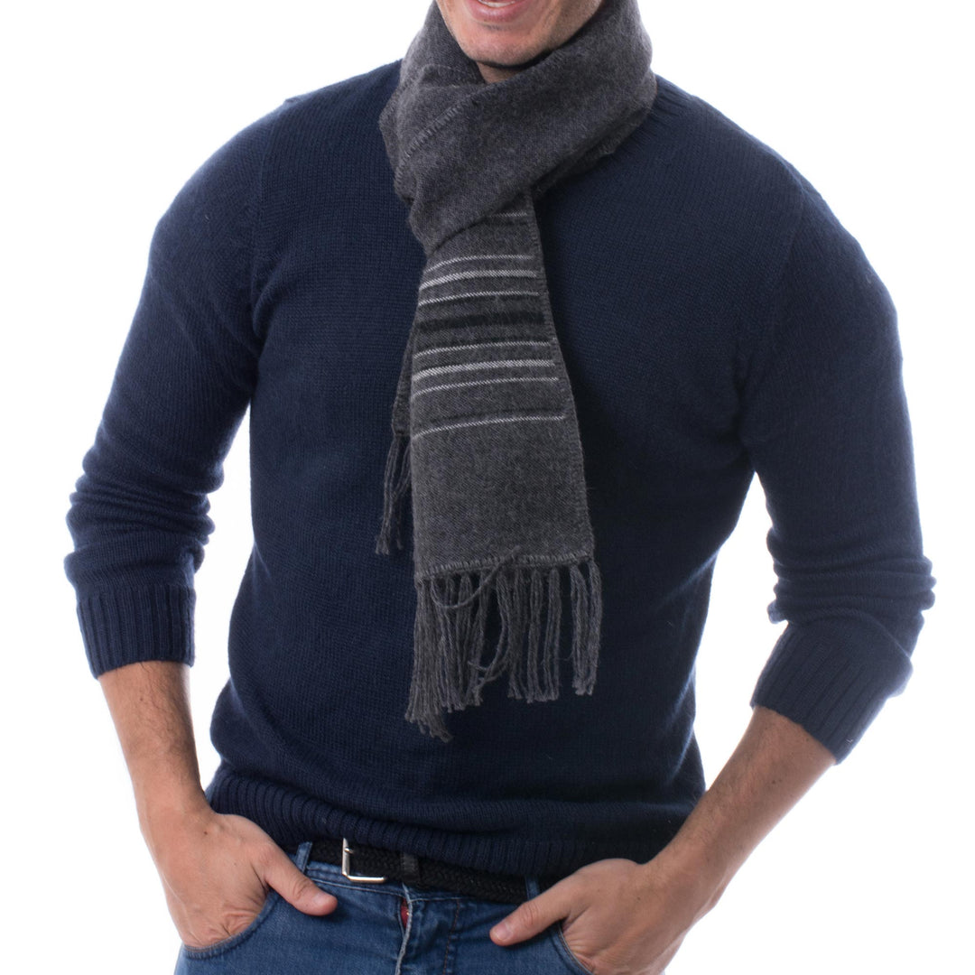 Fair Trade Woven Dark Gray Alpaca Blend Scarf for Men - Andean Clouds in Charcoal
