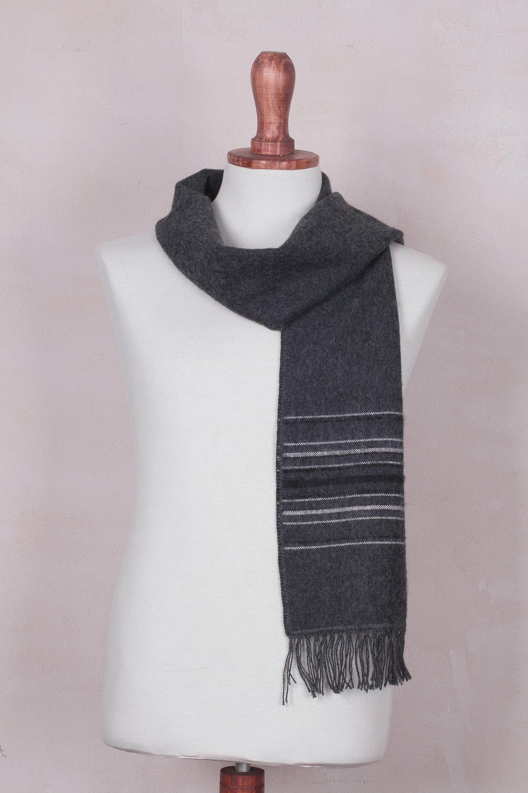 Fair Trade Woven Dark Gray Alpaca Blend Scarf for Men - Andean Clouds in Charcoal