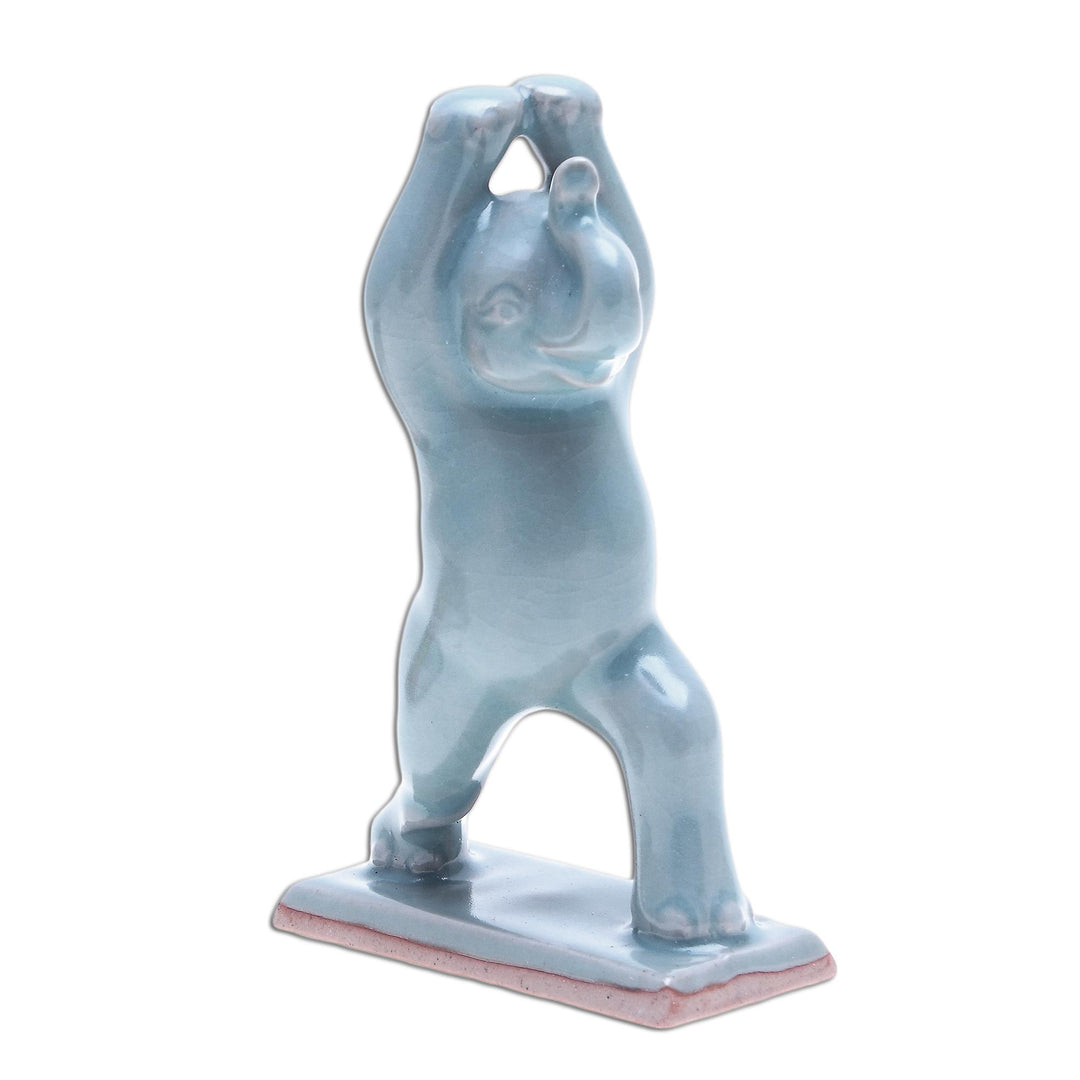 Hand Made Celadon Ceramic Elephant Yoga-Themed Figurine - Elephant Warrior Pose