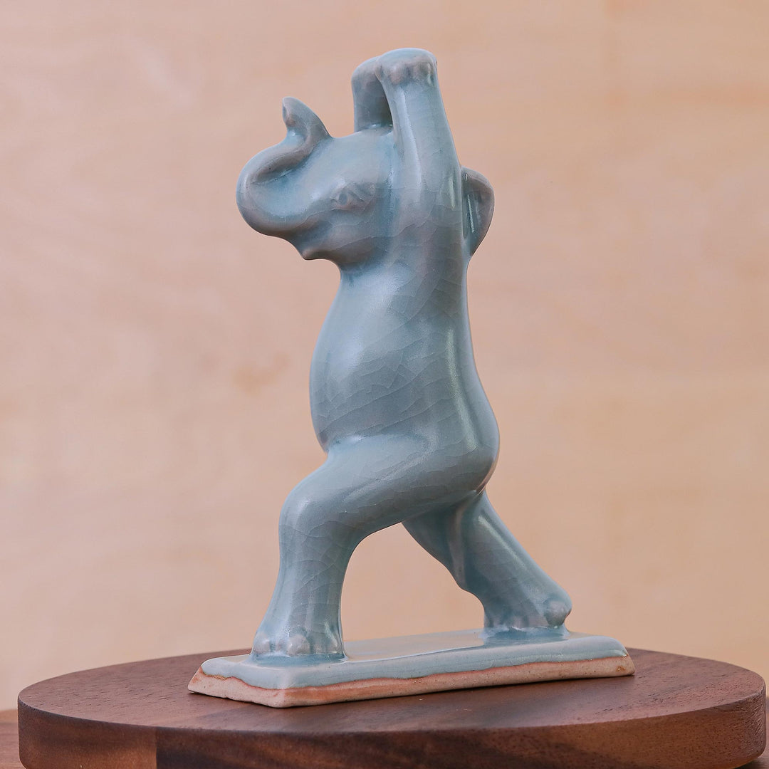 Hand Made Celadon Ceramic Elephant Yoga-Themed Figurine - Elephant Warrior Pose