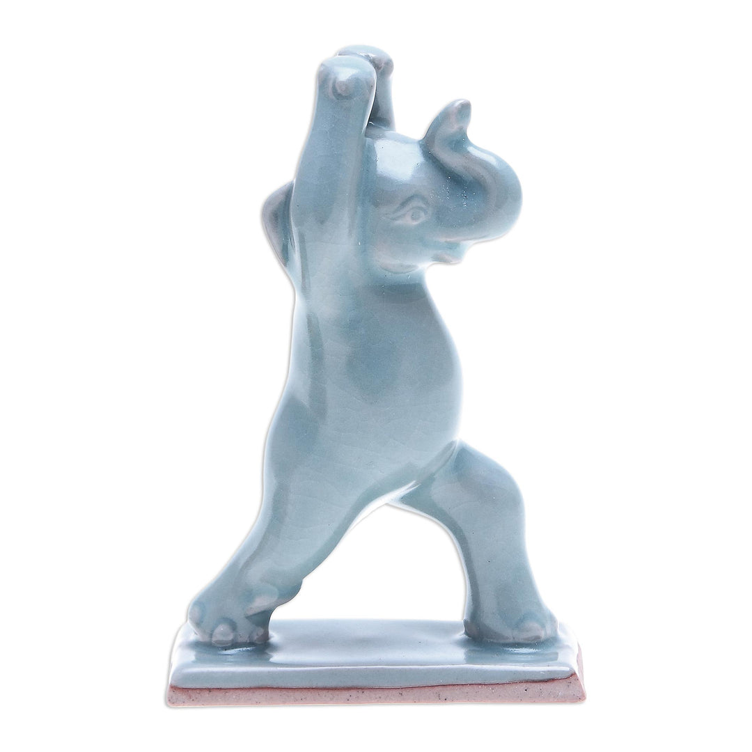 Hand Made Celadon Ceramic Elephant Yoga-Themed Figurine - Elephant Warrior Pose