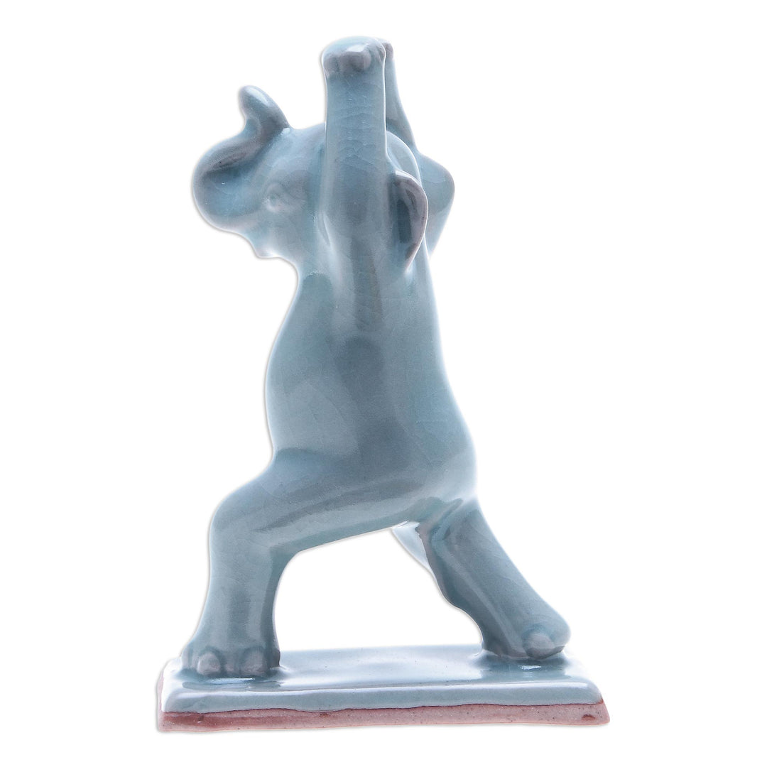 Hand Made Celadon Ceramic Elephant Yoga-Themed Figurine - Elephant Warrior Pose