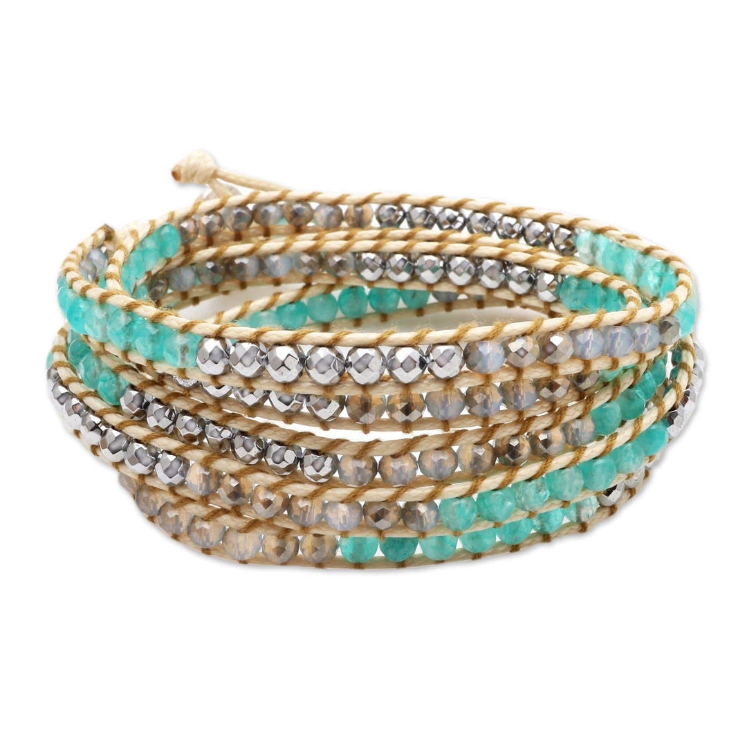 Hand Made Amazonite and Hematite Beaded Wrap Bracelet - Sea Ice