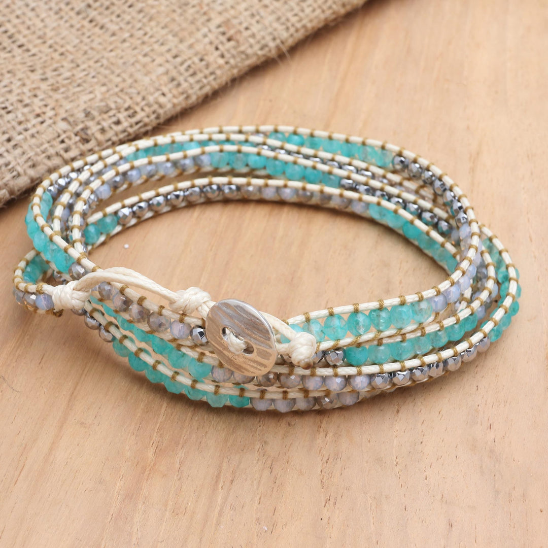 Hand Made Amazonite and Hematite Beaded Wrap Bracelet - Sea Ice
