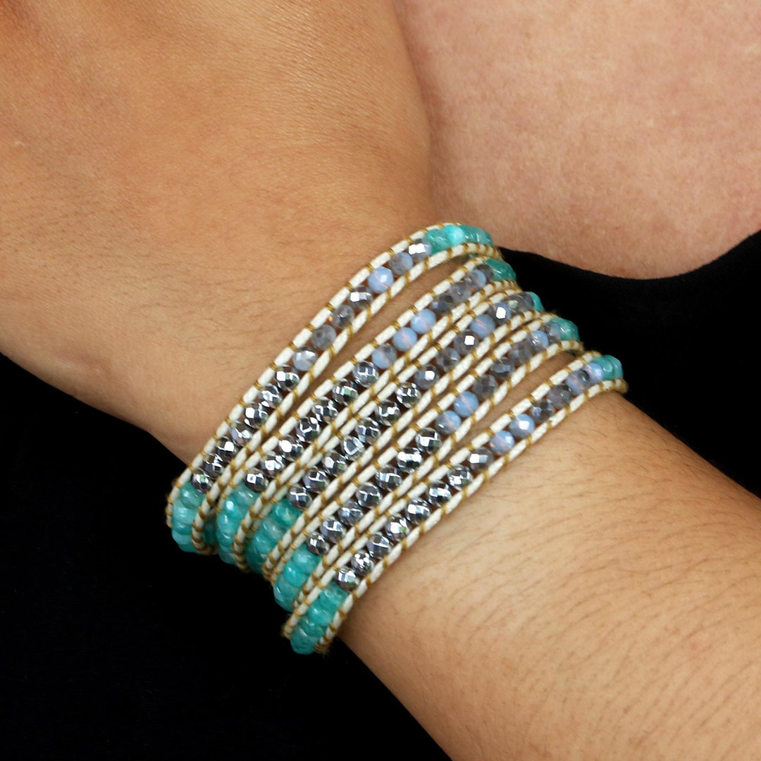 Hand Made Amazonite and Hematite Beaded Wrap Bracelet - Sea Ice