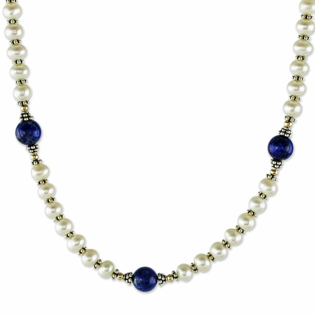 Lapis Lazuli and Cultured Pearl Necklace - Blue and White