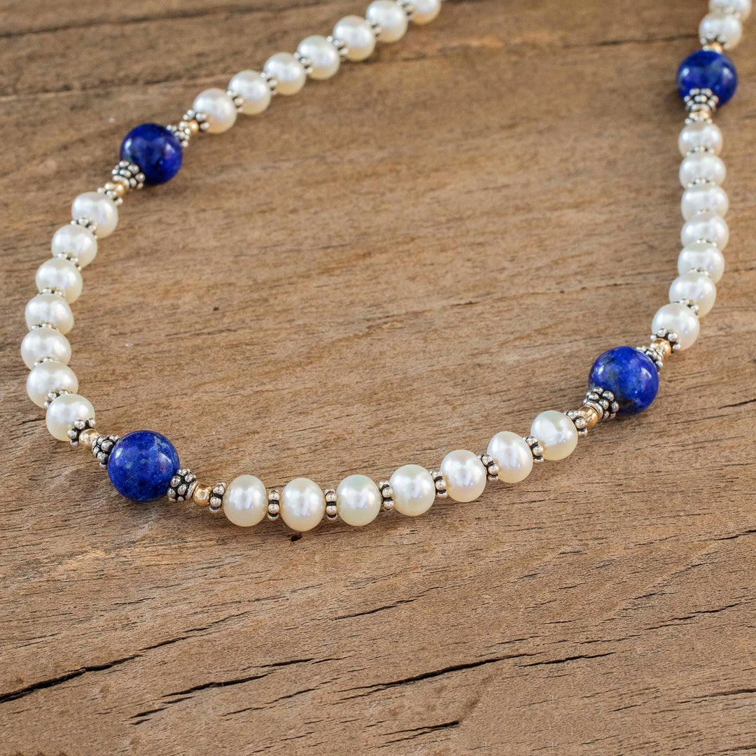 Lapis Lazuli and Cultured Pearl Necklace - Blue and White