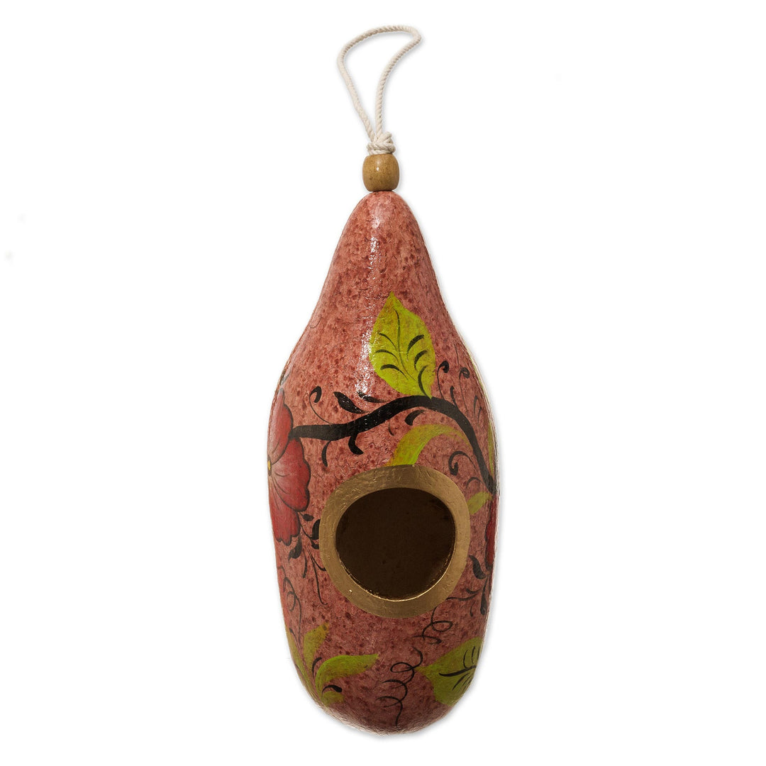Hand Painted Gourd Birdhouse from Peru - Blossoms on Blush