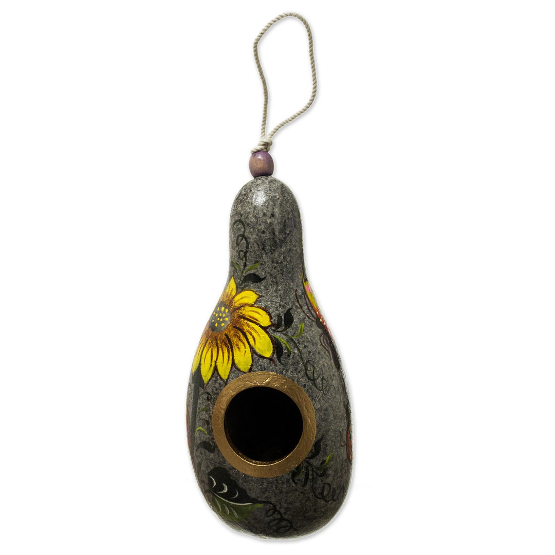 Sunflower Motif Dried Gourd Birdhouse - Sunflower and Earth
