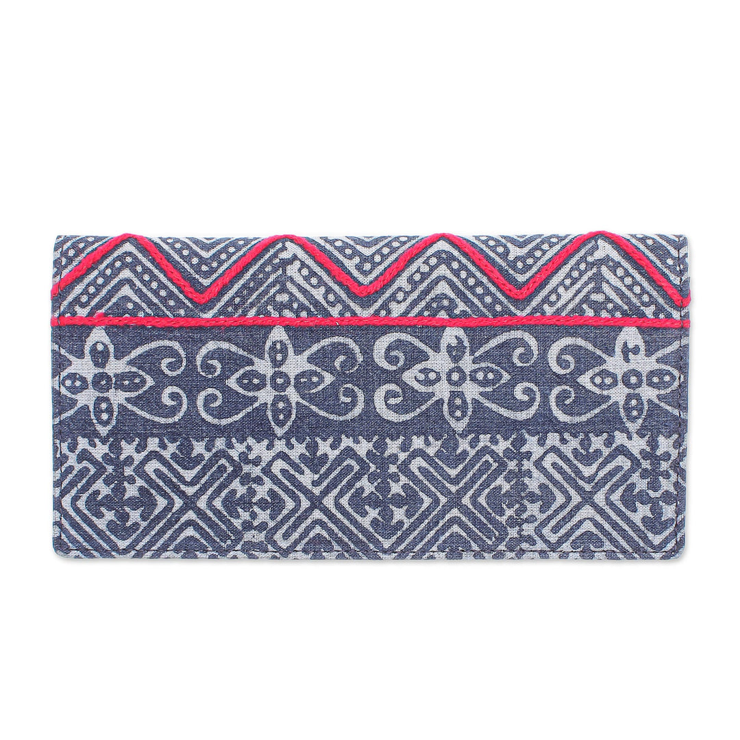 Hand Made Cotton and Leather Batik Long Wallet - Red Thread