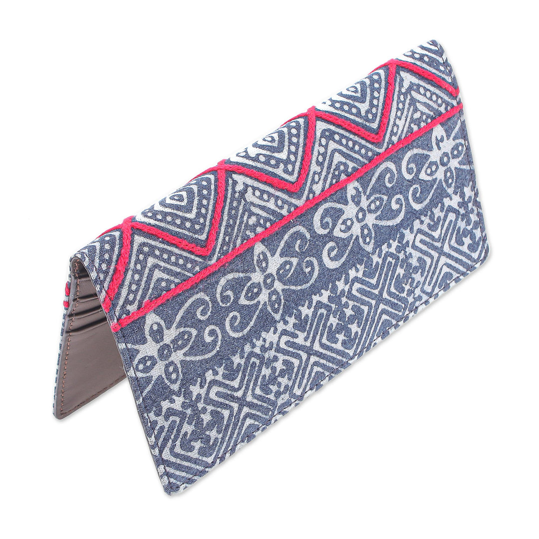 Hand Made Cotton and Leather Batik Long Wallet - Red Thread