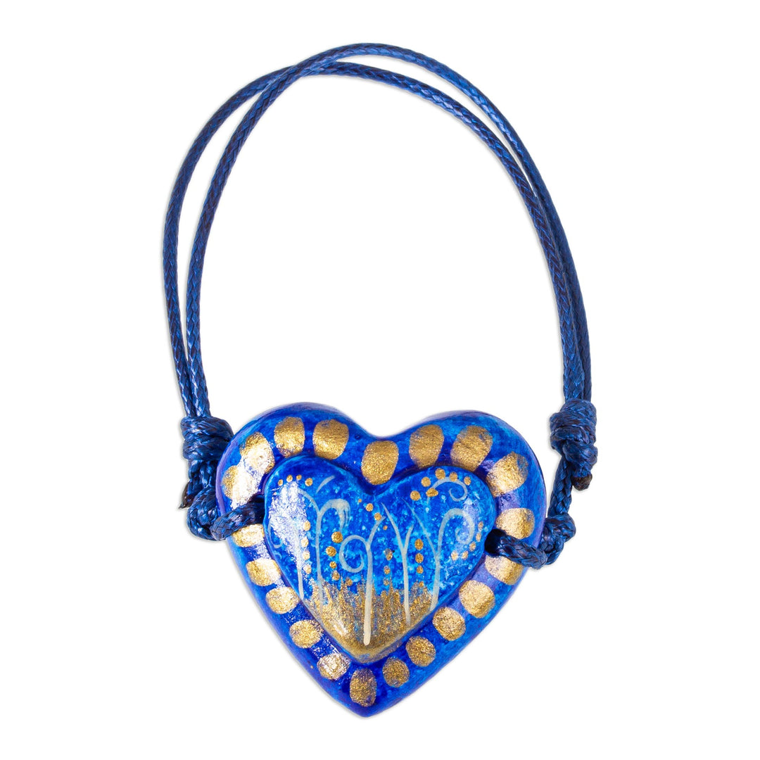 Papier Mache Adjustable Blue Heart Golden Trim Bracelet - Deep Sea Illusion