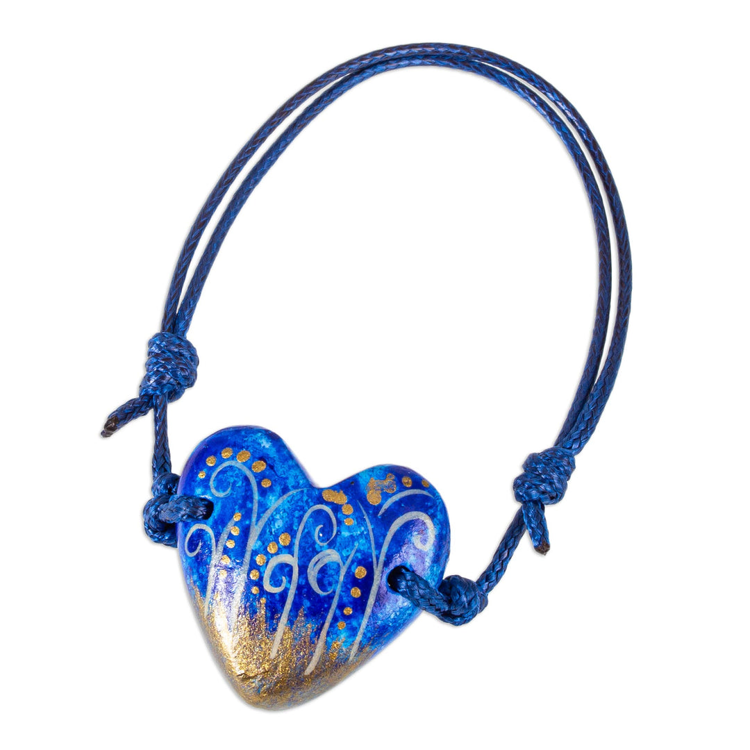 Papier Mache Blue Heart Bracelet with Golden Accents - Sea Winds