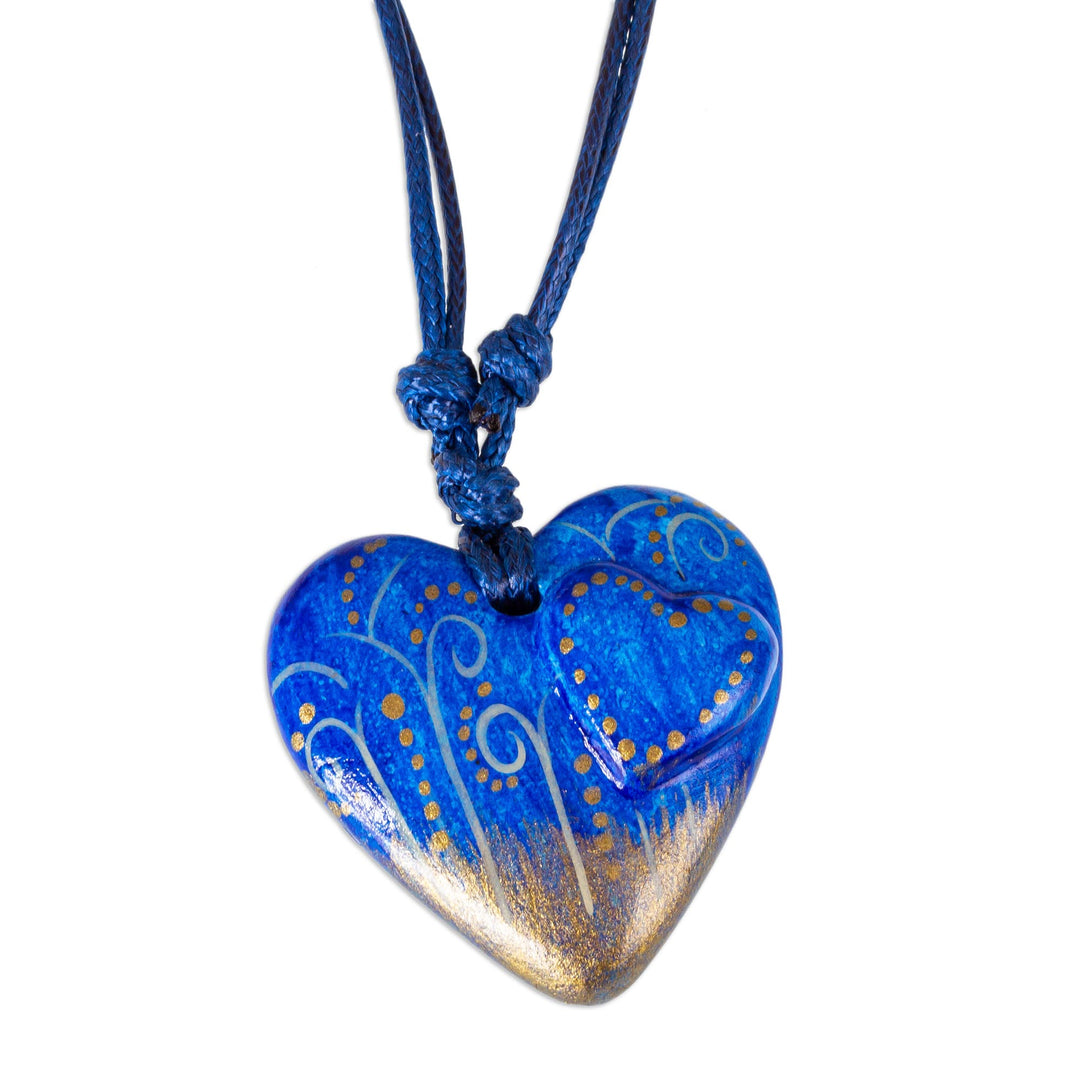 Papier Mache Blue Heart Necklace with Golden Accents - Sea Winds