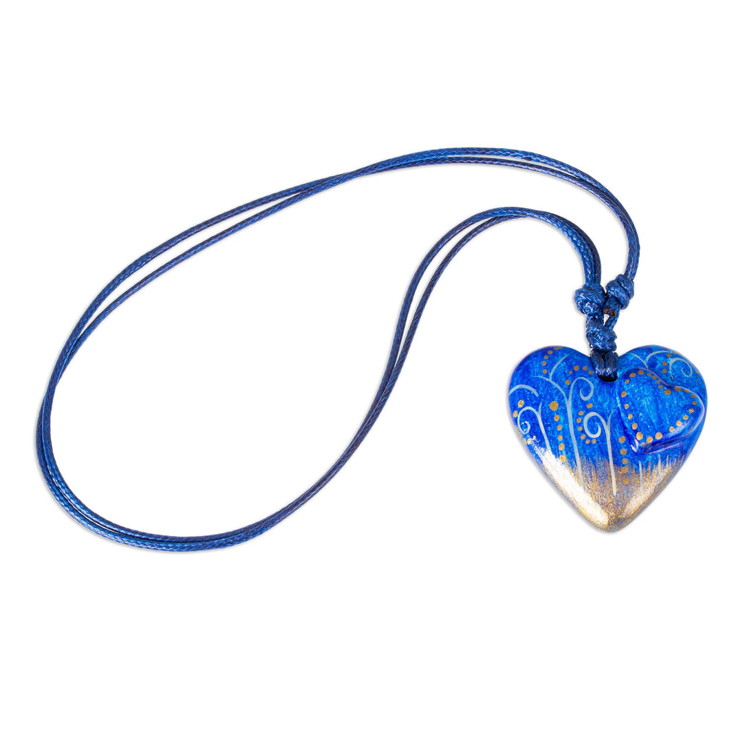 Papier Mache Blue Heart Necklace with Golden Accents - Sea Winds
