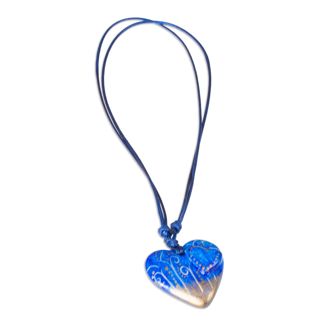 Papier Mache Blue Heart Necklace with Golden Accents - Sea Winds