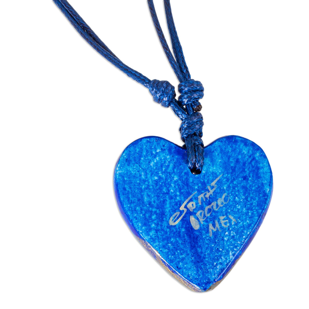 Papier Mache Blue Heart Necklace with Golden Accents - Sea Winds