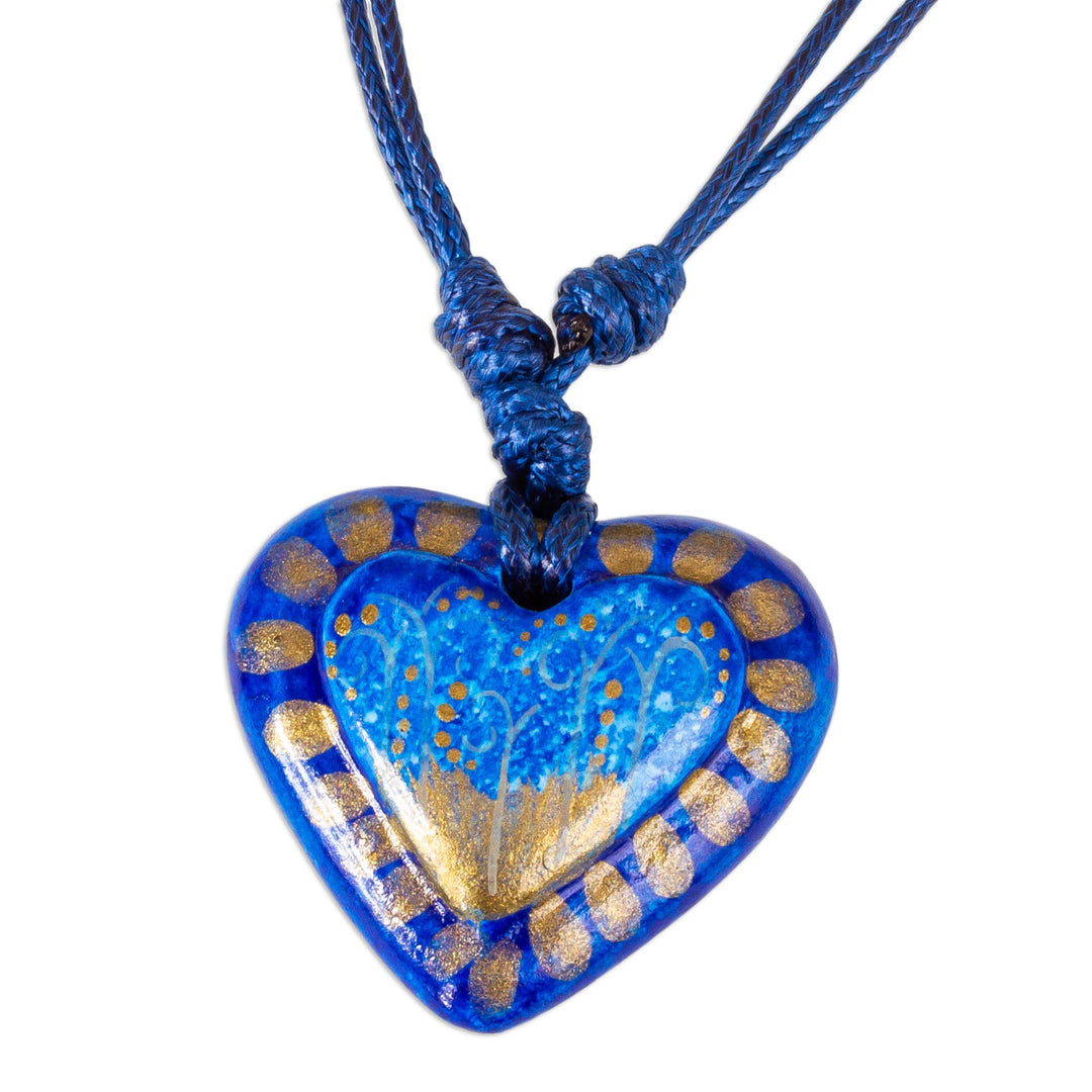 Papier Mache Adjustable Blue Heart Golden Trim Necklace - Deep Sea Illusion