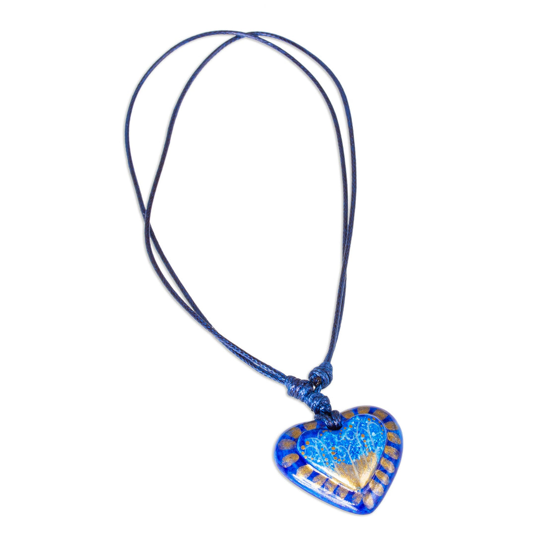 Papier Mache Adjustable Blue Heart Golden Trim Necklace - Deep Sea Illusion
