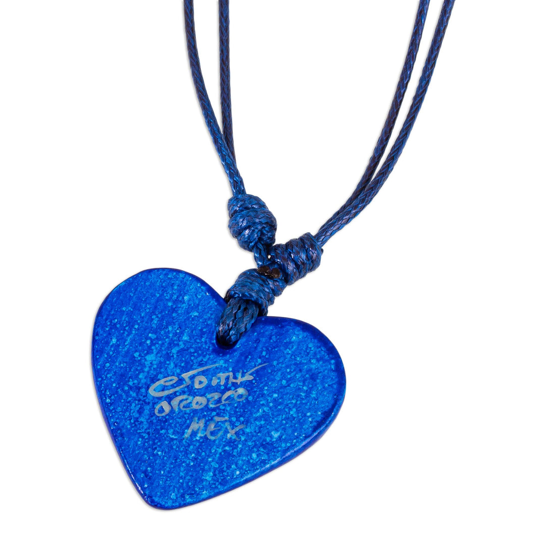 Papier Mache Adjustable Blue Heart Golden Trim Necklace - Deep Sea Illusion