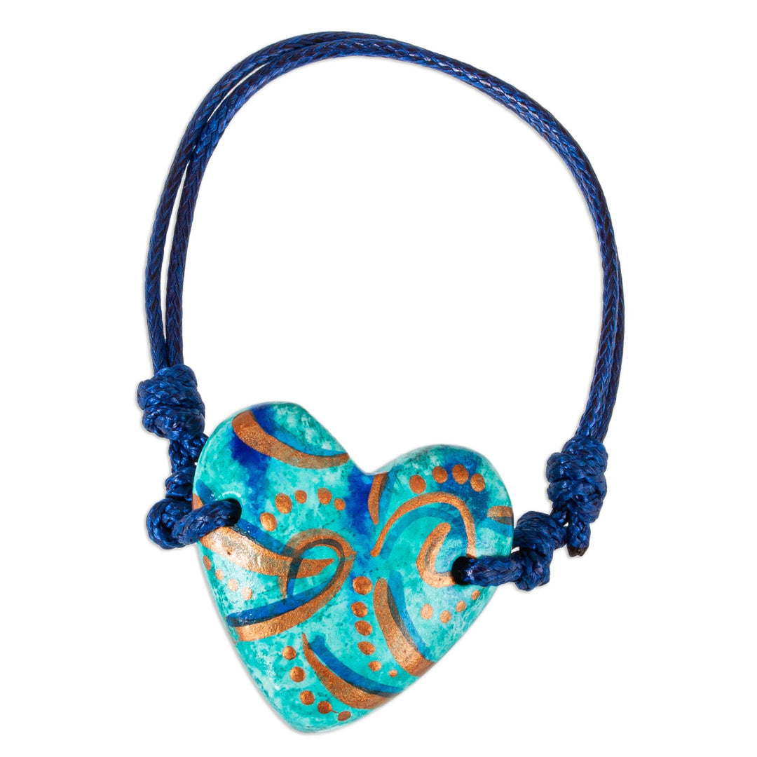 Papier Mache Blue & Aqua Golden Accent Heart Bracelet - Seafoam and Sunlight