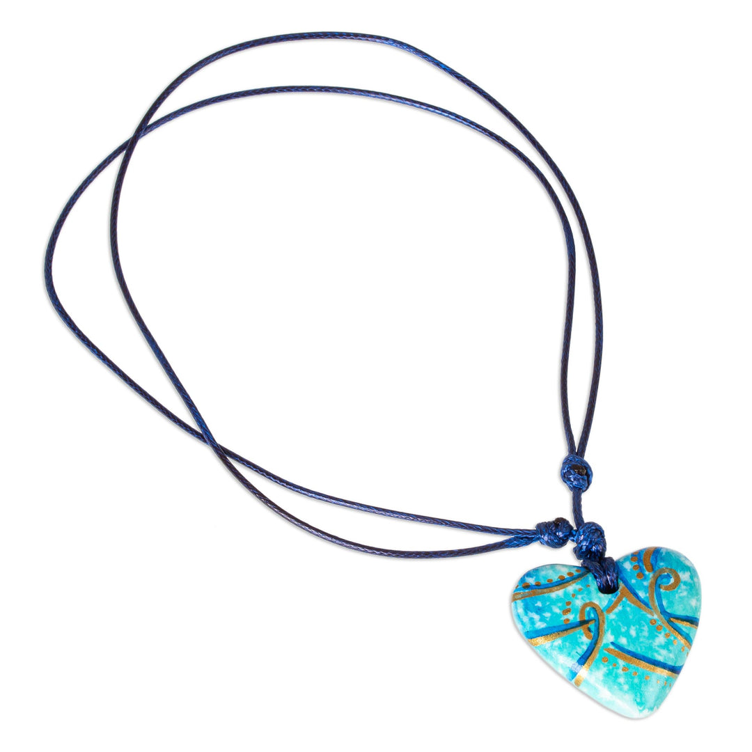 Papier Mache Blue & Aqua Golden Accent Heart Necklace - Seafoam and Sunlight