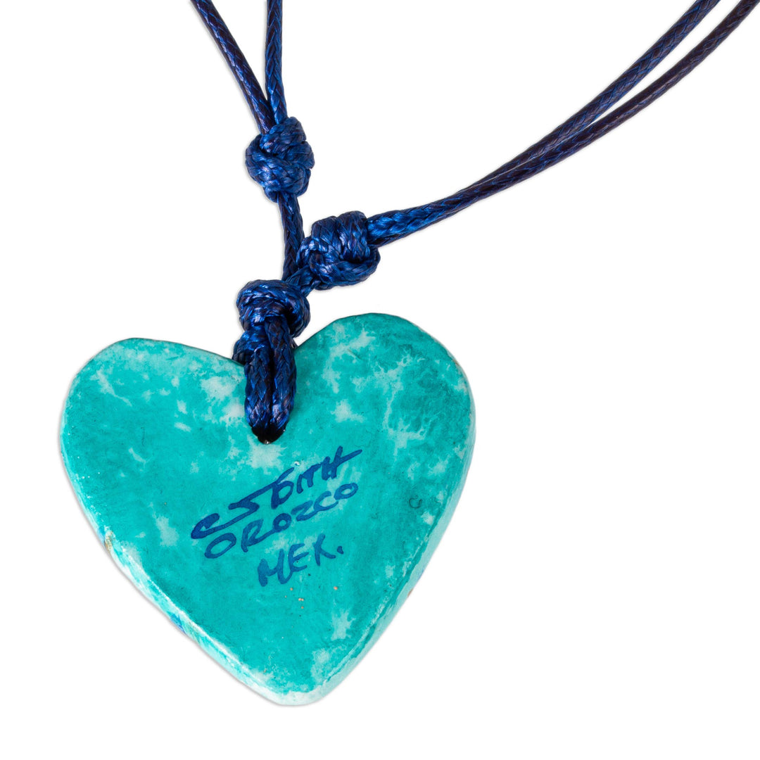 Papier Mache Blue & Aqua Golden Accent Heart Necklace - Seafoam and Sunlight