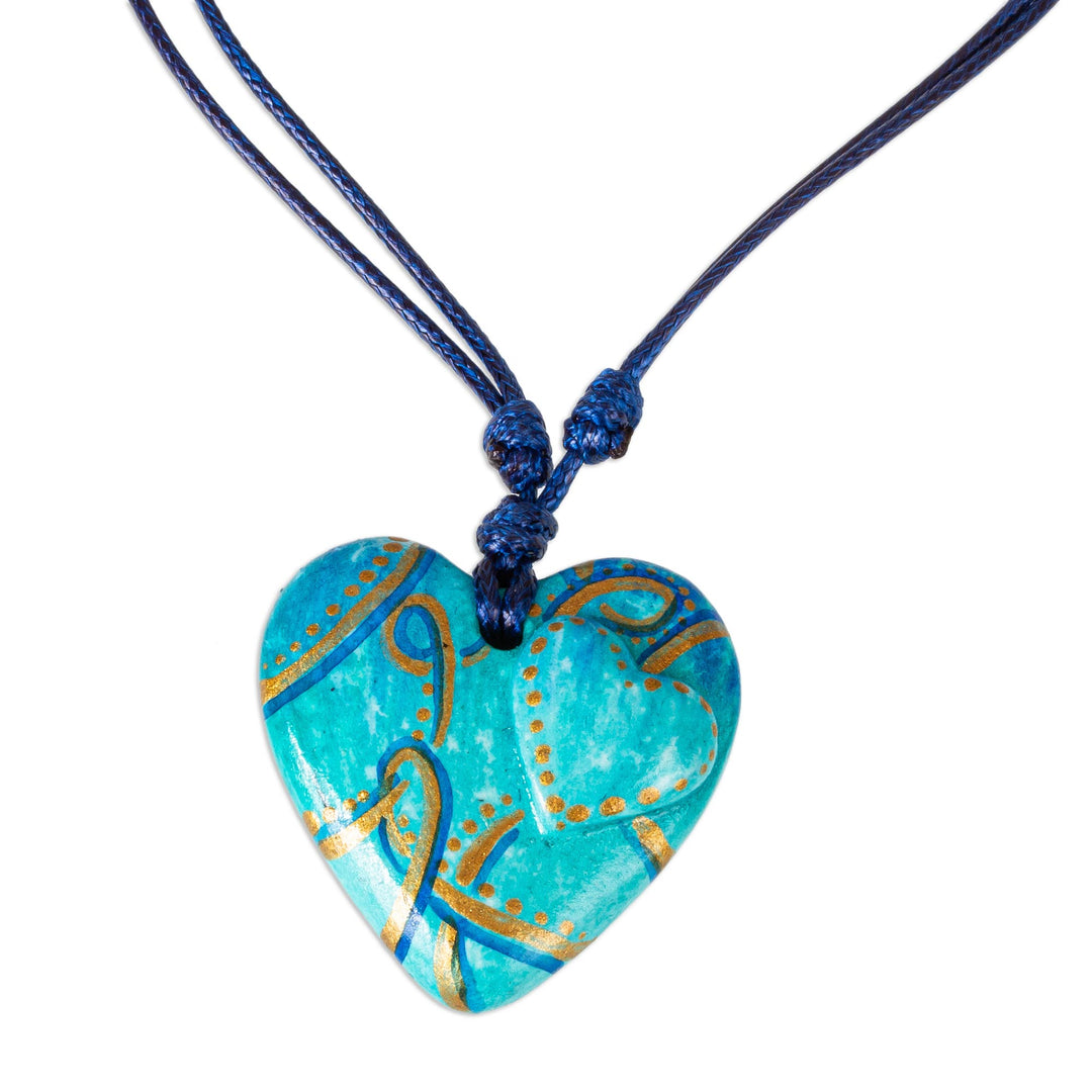Golden Accent Aqua Papier Mache Heart Necklace - Hearts Together