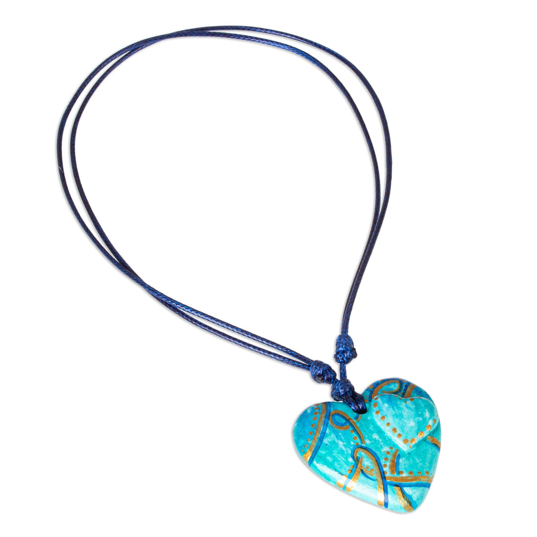 Golden Accent Aqua Papier Mache Heart Necklace - Hearts Together