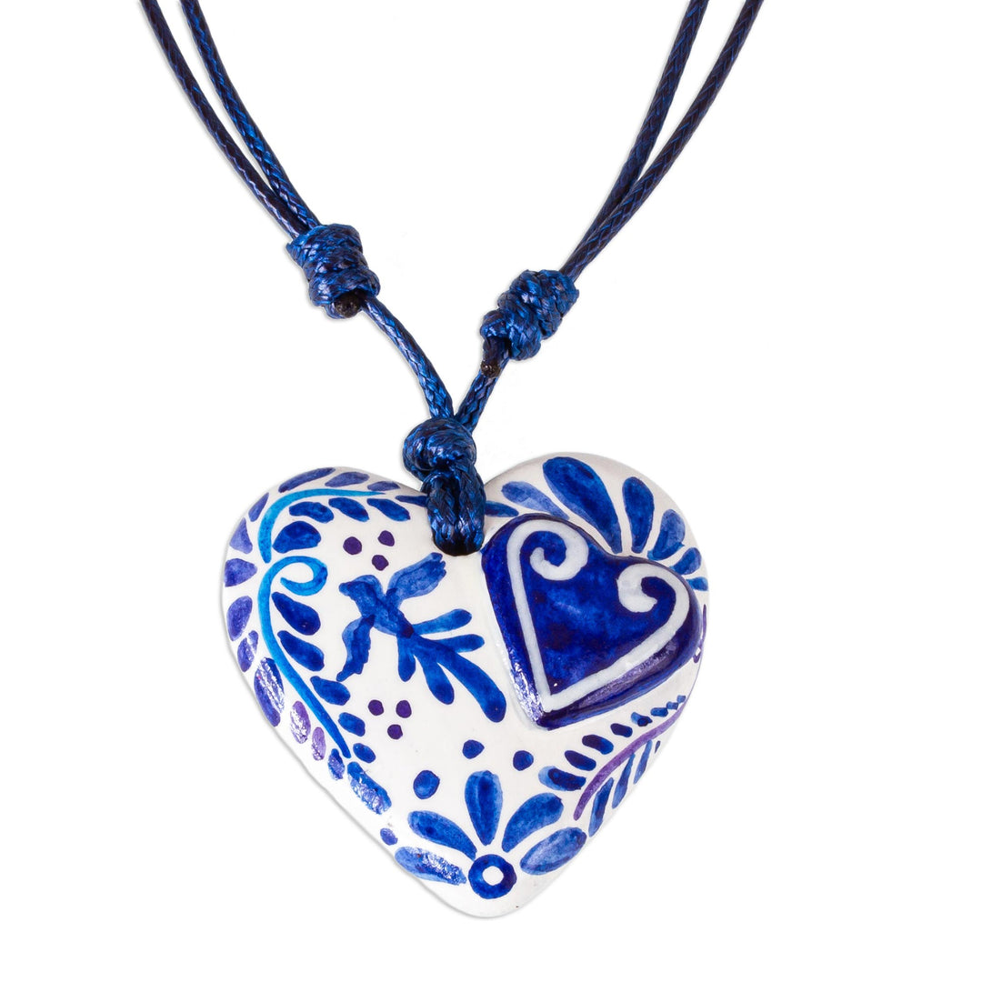 Blue & White Talavera Theme Papier Mache Heart Necklace - Talavera Swallow