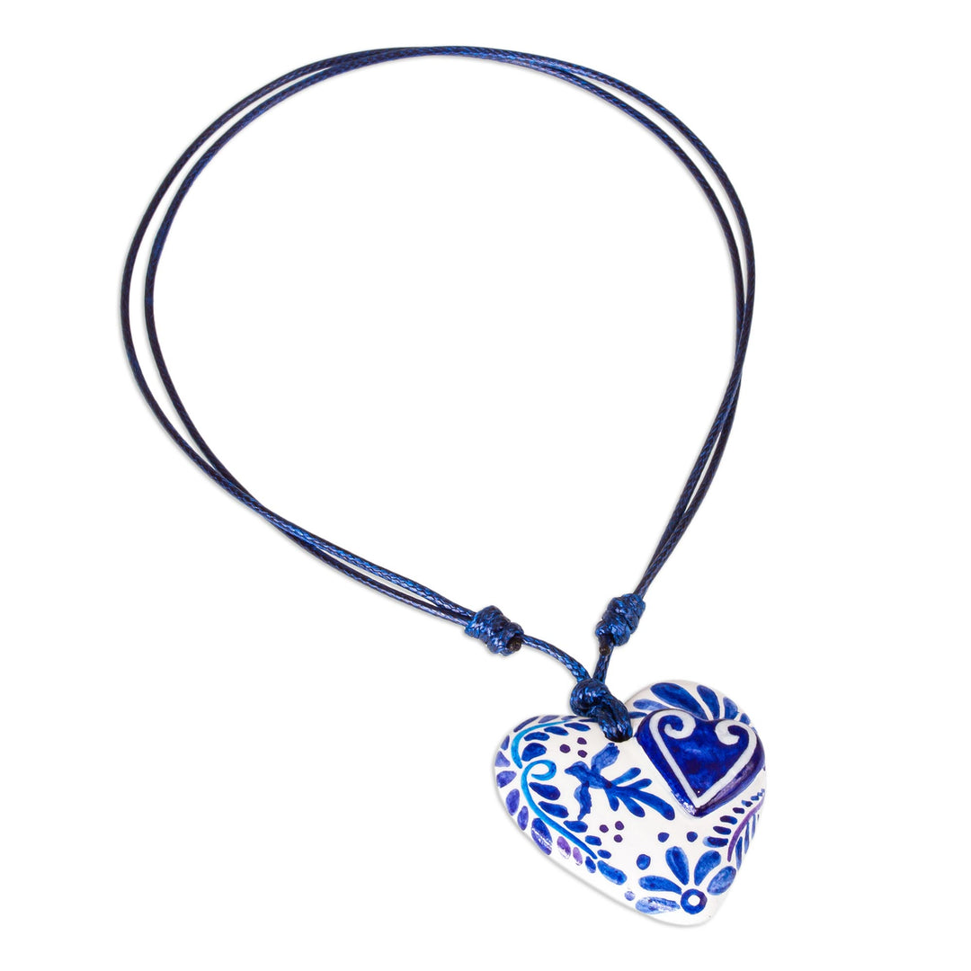 Blue & White Talavera Theme Papier Mache Heart Necklace - Talavera Swallow