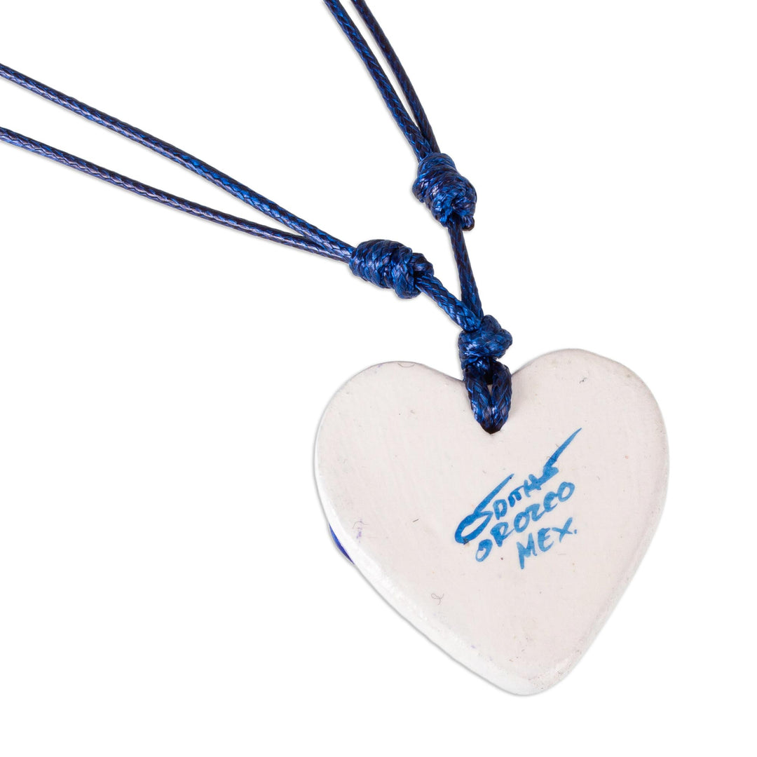 Blue & White Talavera Theme Papier Mache Heart Necklace - Talavera Swallow