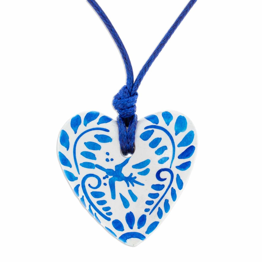 Talavera Style Blue & White Bird Papier Mache Heart Necklace - Blue Talavera