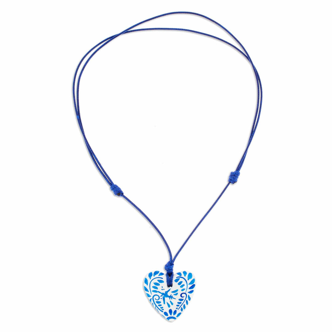 Talavera Style Blue & White Bird Papier Mache Heart Necklace - Blue Talavera