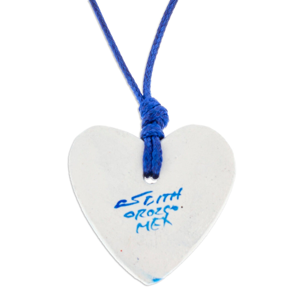 Talavera Style Blue & White Bird Papier Mache Heart Necklace - Blue Talavera