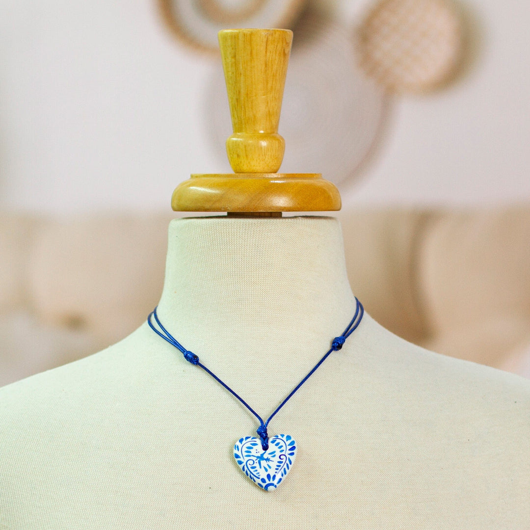 Talavera Style Blue & White Bird Papier Mache Heart Necklace - Blue Talavera