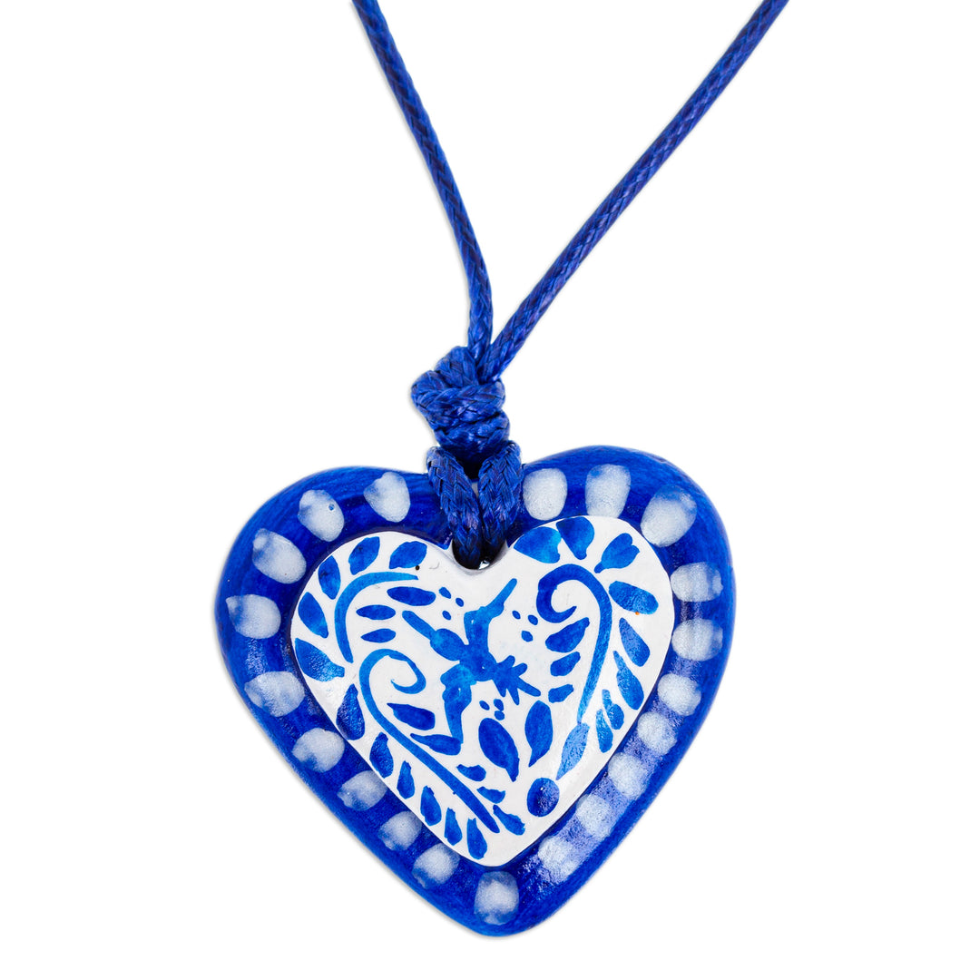 Blue & White Talavera Style Papier Mache Heart Necklace - Talavera Heart