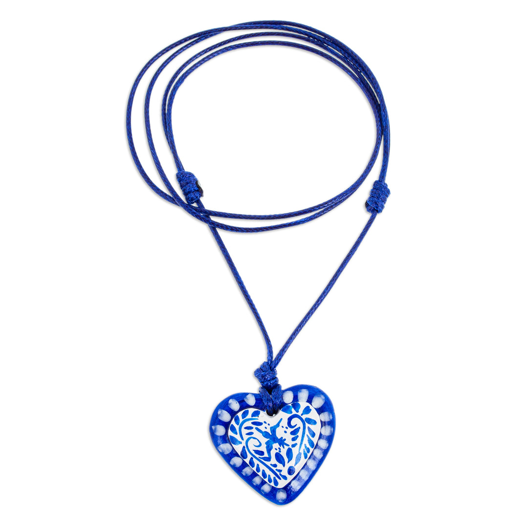 Blue & White Talavera Style Papier Mache Heart Necklace - Talavera Heart