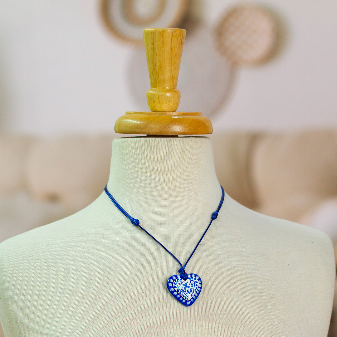 Blue & White Talavera Style Papier Mache Heart Necklace - Talavera Heart